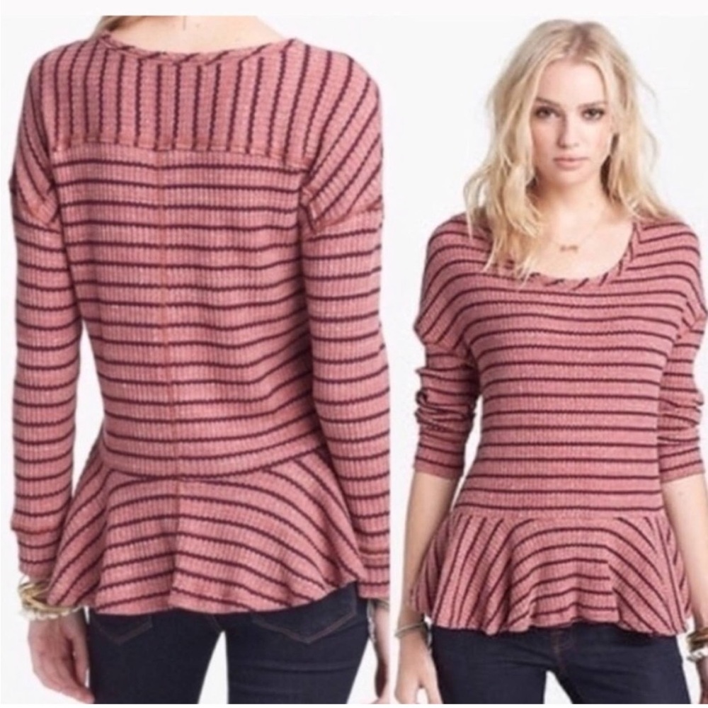 Free People We The Free Auntie Em Thermal Waffle Peplum Long Sleeve Pink…